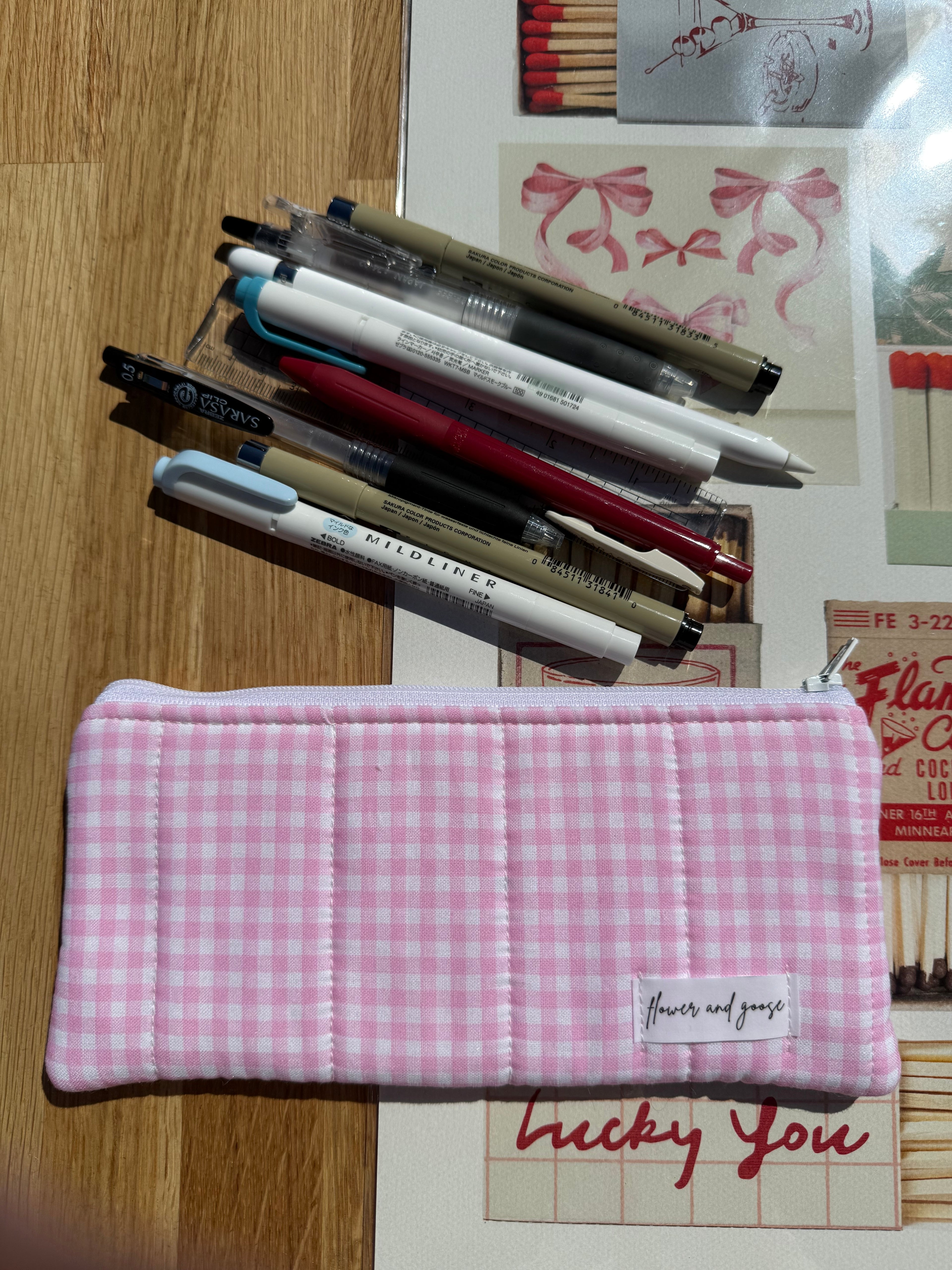 Pale pink gingham *limited edition* pencil and glasses case